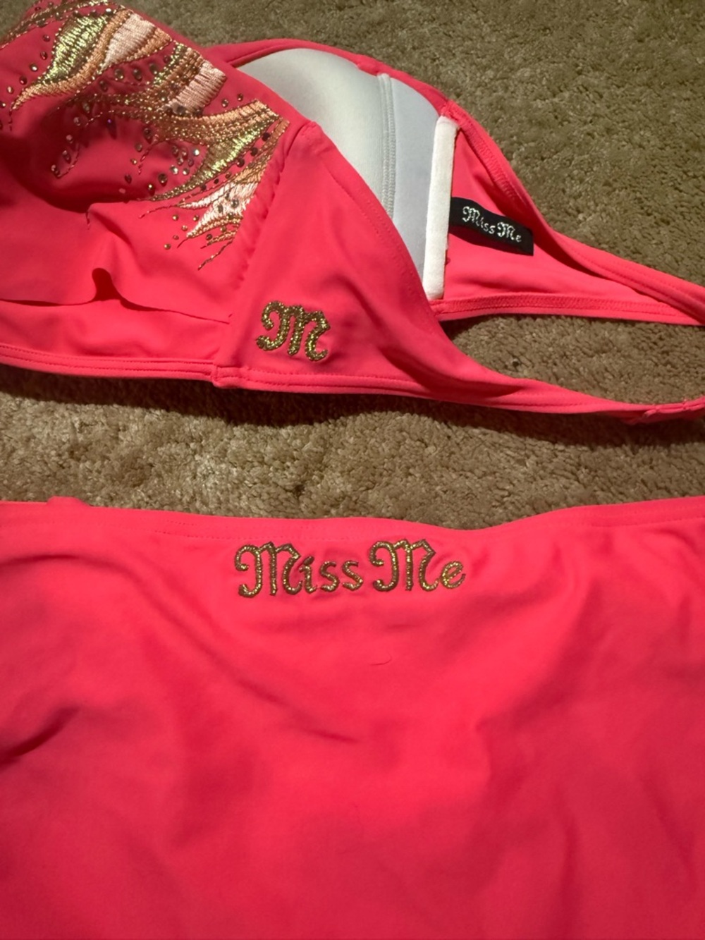 Miss Me Neon Coral Bandeau Bikini Top with Gold Embellishments